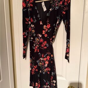 LOFT Black Floral Long-Sleeve Wrap Dress with Red & Pink Flowers